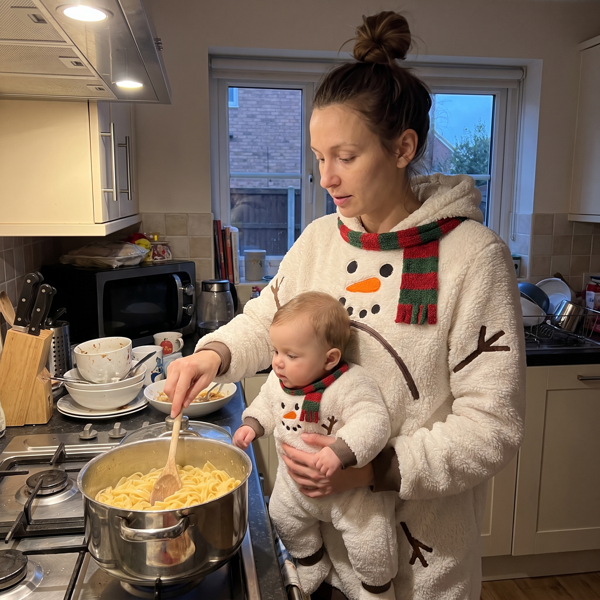 Mom cooking dinner with baby in Snow Snug