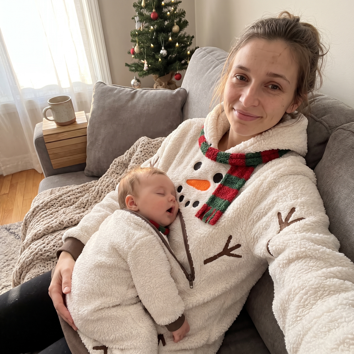 Baby napping in Snow Snug on the couch